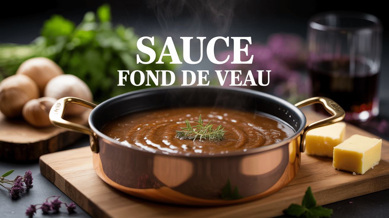Sauce fond de veau dans casserole cuivre avec ingrédients