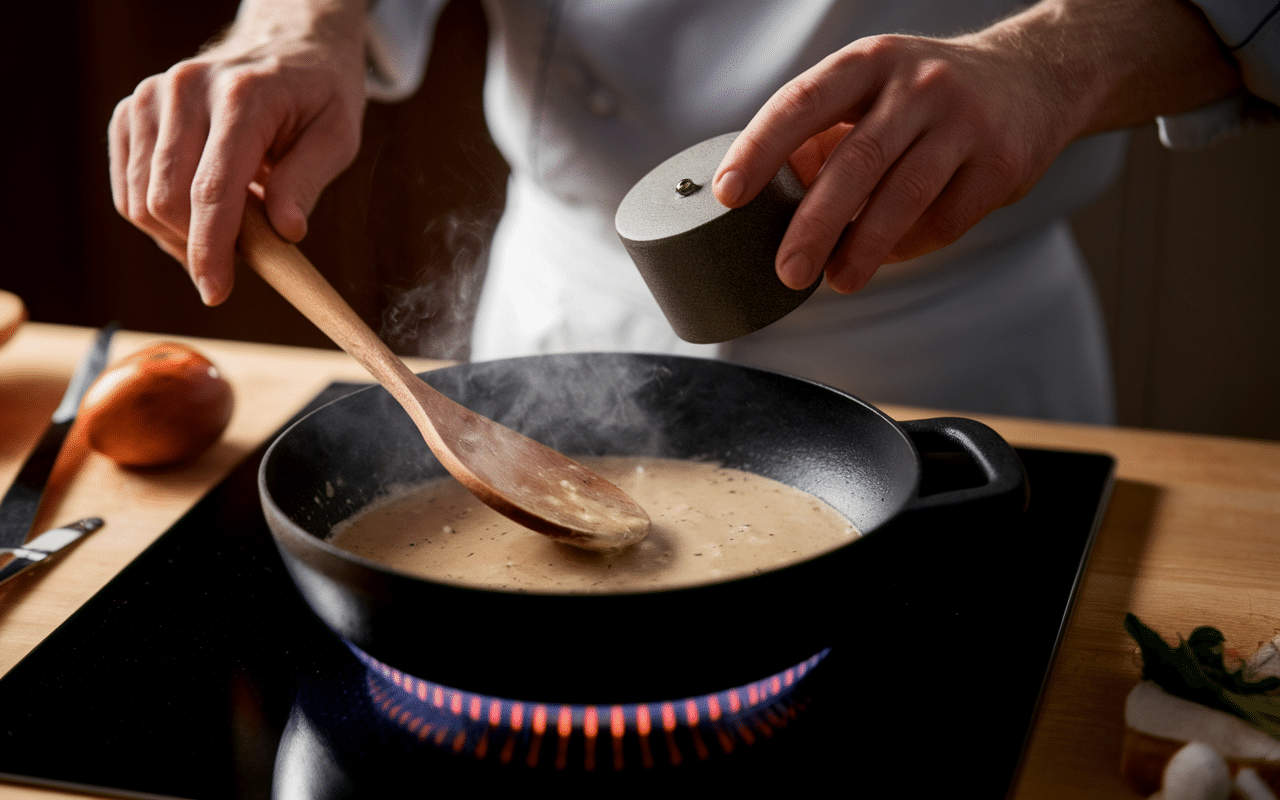 Réduction sauce fond de veau geste chef cuisine