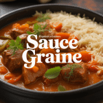 Sauce graine recette servie dans bol terre cuite avec viande et riz