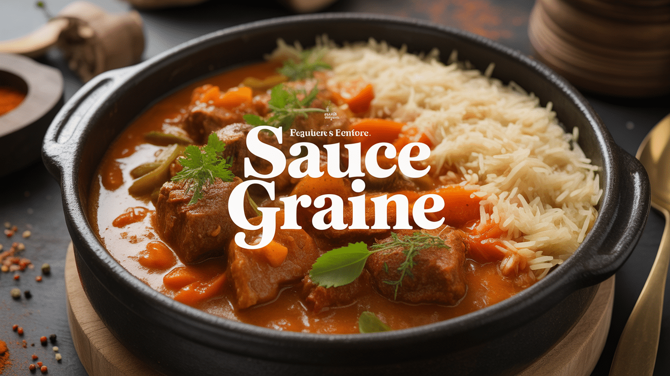 Sauce graine recette servie dans bol terre cuite avec viande et riz