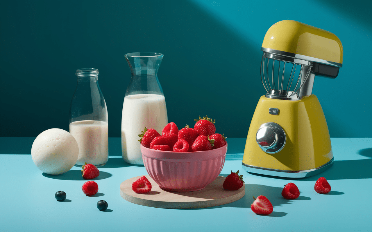 Ingrédients milkshake fruit rouge disposés sur plan de travail