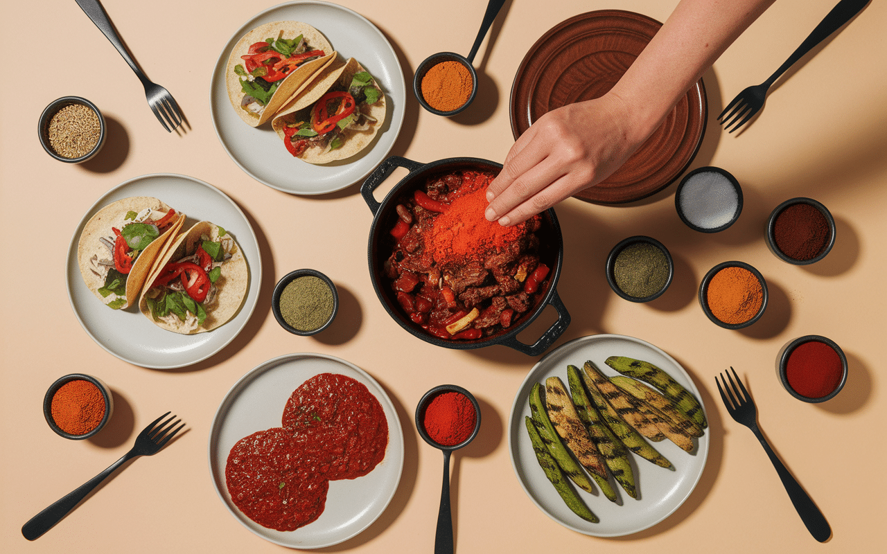 Saupoudrage de poudre chili sur tacos et chili con carne