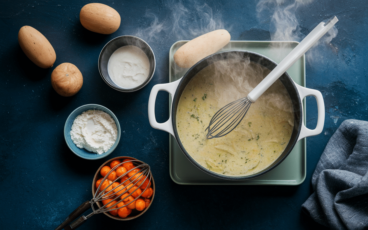 Préparation velouté de topinambour casserole mixeur