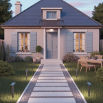 Aménagement devant maison pas cher avec allée gravier et jardinières