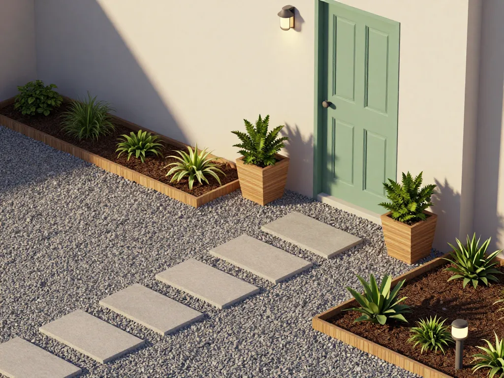 Aménagement devant maison pas cher avec allée gravier et pots