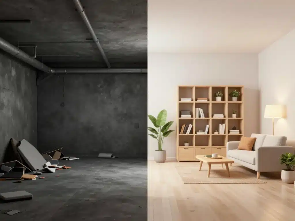 amenagement sous sol avant apres split ecran avant sombre apres lumineux