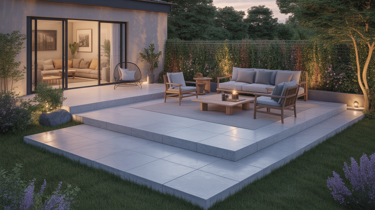 amenagement terrasse beton en 3D, zones et finitions