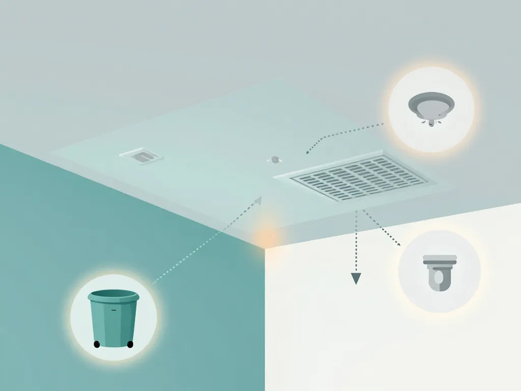 Schéma sources asticot au plafond, VMC cuisine salle de bain