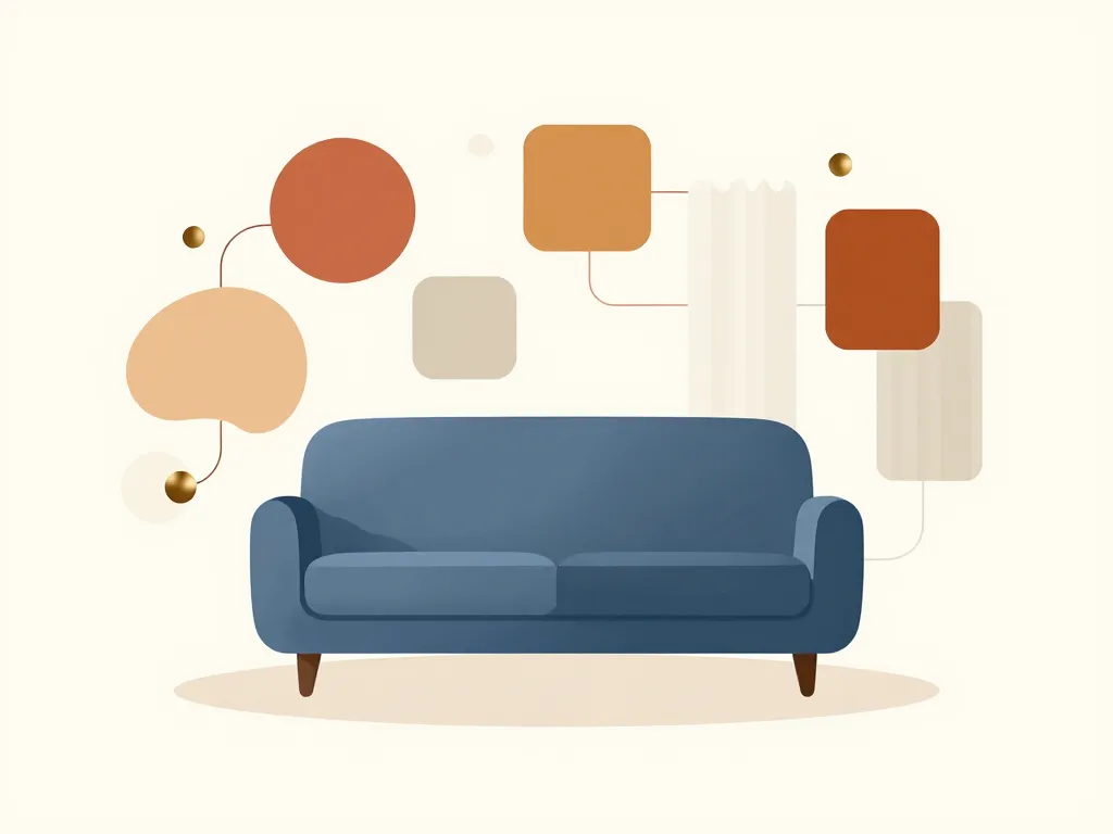 Schéma couleurs pour deco salon canape bleu avec tons chauds et neutres