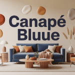 Illustration 3D deco salon canape bleu avec palettes chaudes et neutres