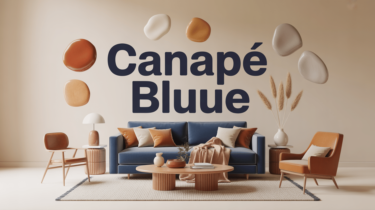 Illustration 3D deco salon canape bleu avec palettes chaudes et neutres