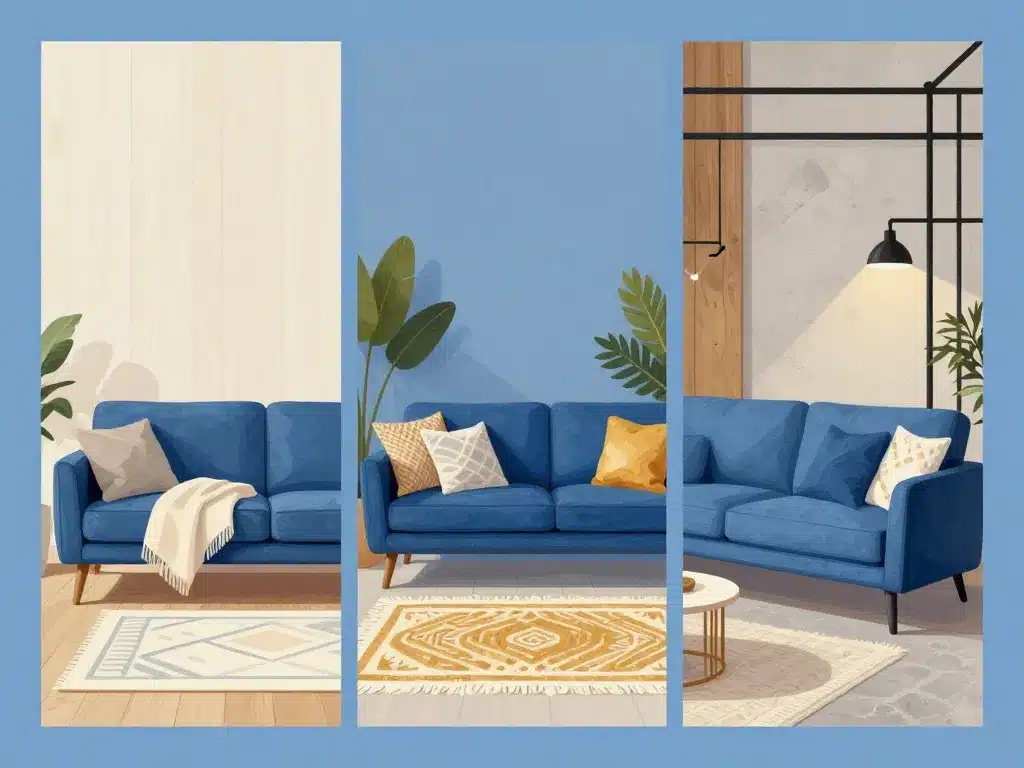 Triptyque styles pour deco salon canape bleu scandinave bohème industriel