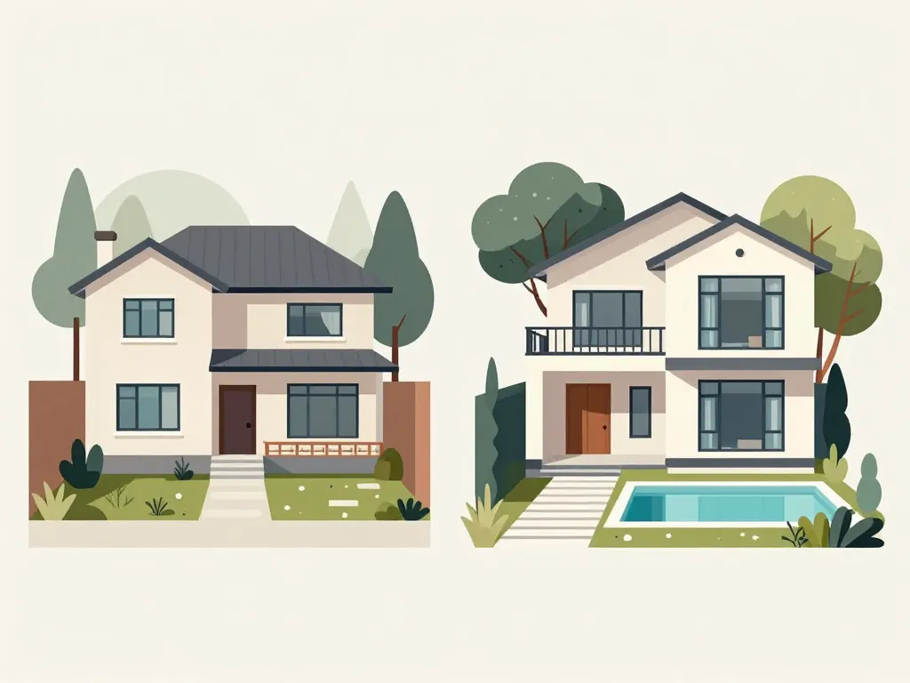 Schema difference entre villa et maison, volumes et equipements