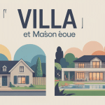 Illustration difference entre villa et maison, villa avec piscine vs maison