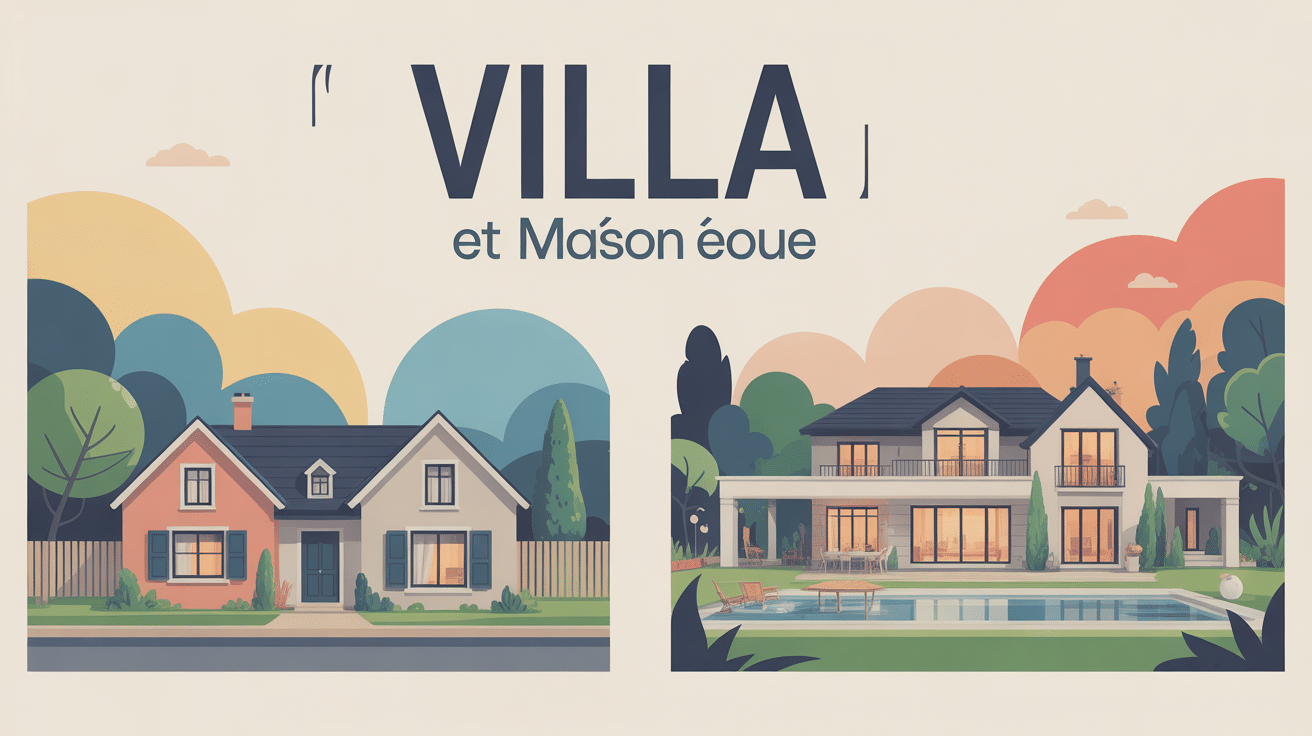 Illustration difference entre villa et maison, villa avec piscine vs maison