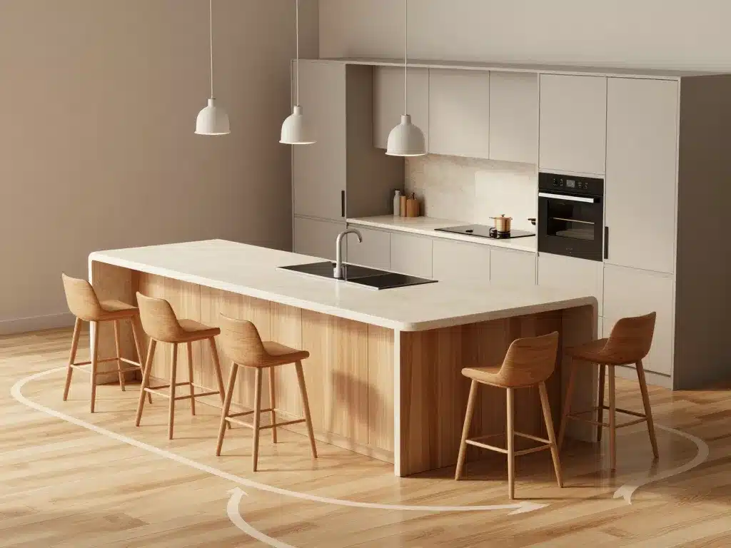 Scene cuisine ilot deux niveaux hauteur table haute