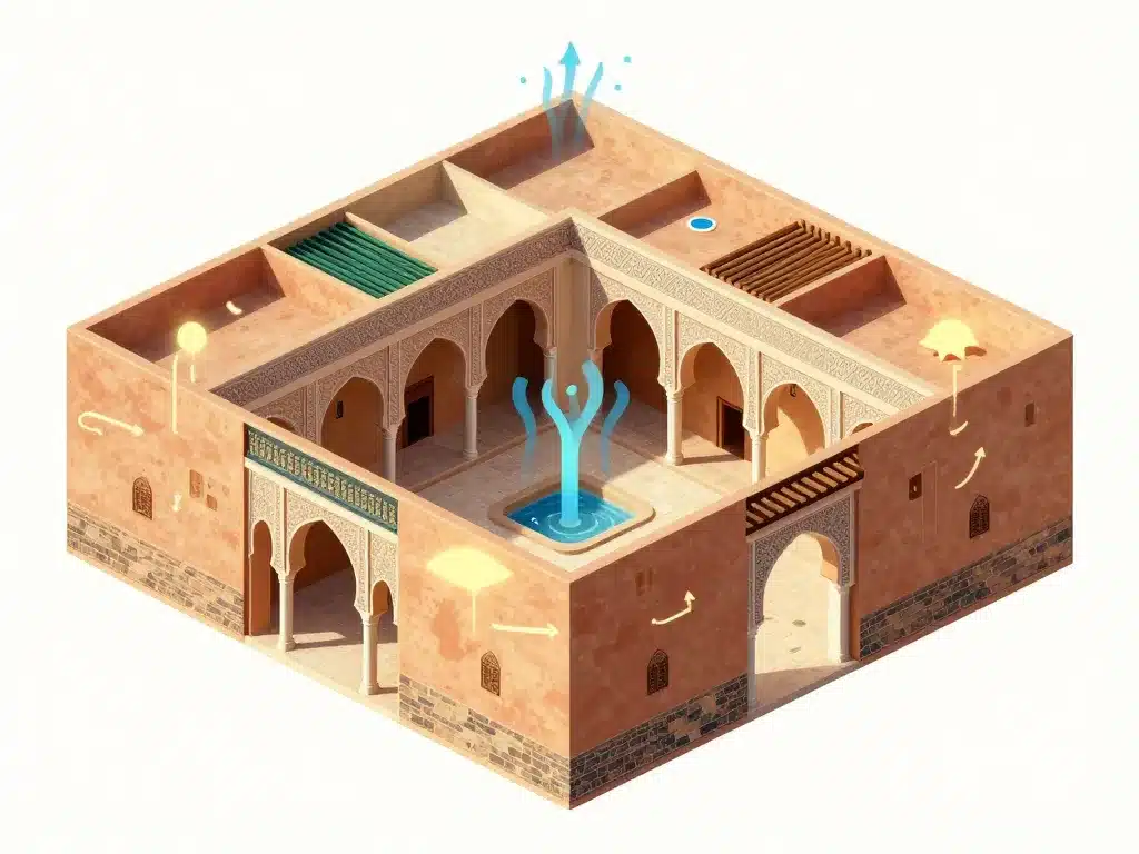 Schéma du patio et matériaux d’une maison marocaine traditionnelle