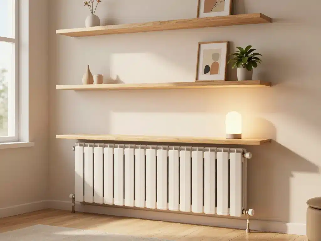 Scène salon avec meuble sur radiateur et étagères aérées