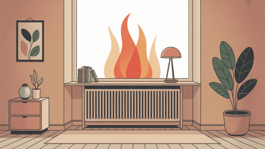 Illustration meuble sur radiateur sous fenêtre avec flux de chaleur