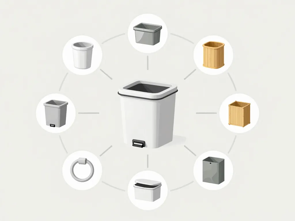 mini poubelle de bureau, diagramme matériaux, ouverture, sacs compatibles