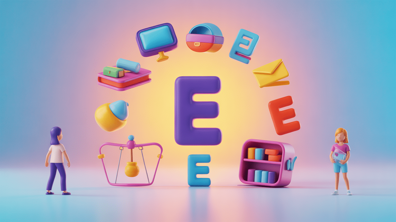 Illustration objet en e pour petit bac, pendu et mots croisés