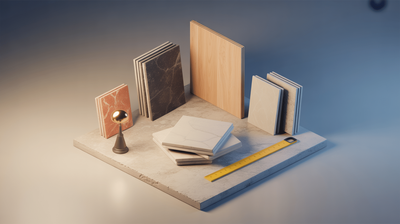 Illustration du poid carrelage au m2 avec balance et échantillons