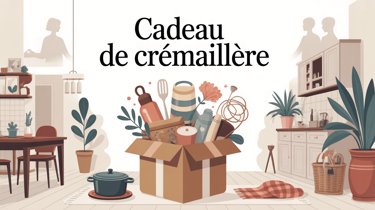 Illustration salon-cuisine avec idées — quoi offrir pour une crémaillère
