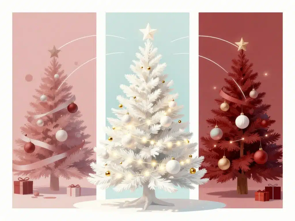 décoration sapin de noel blanc or rouge pastel équilibrée