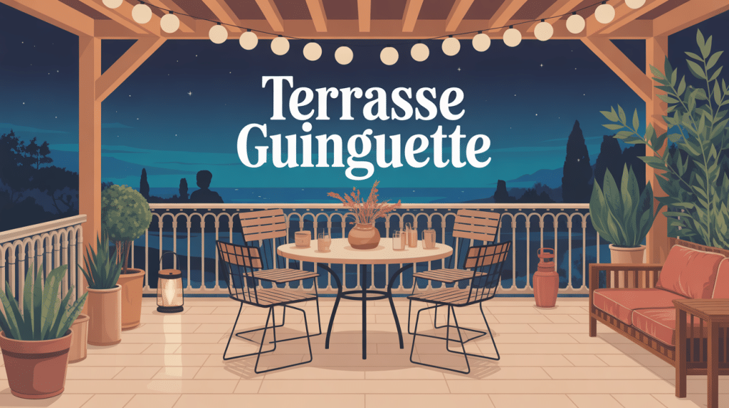 Terrasse guinguette conviviale avec guirlandes et mobilier bistrot