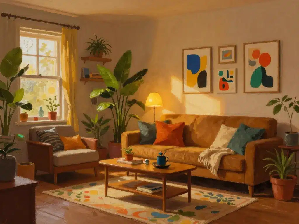 Salon cosy illustrant à quoi ressemble ta maison avec style et ambiance