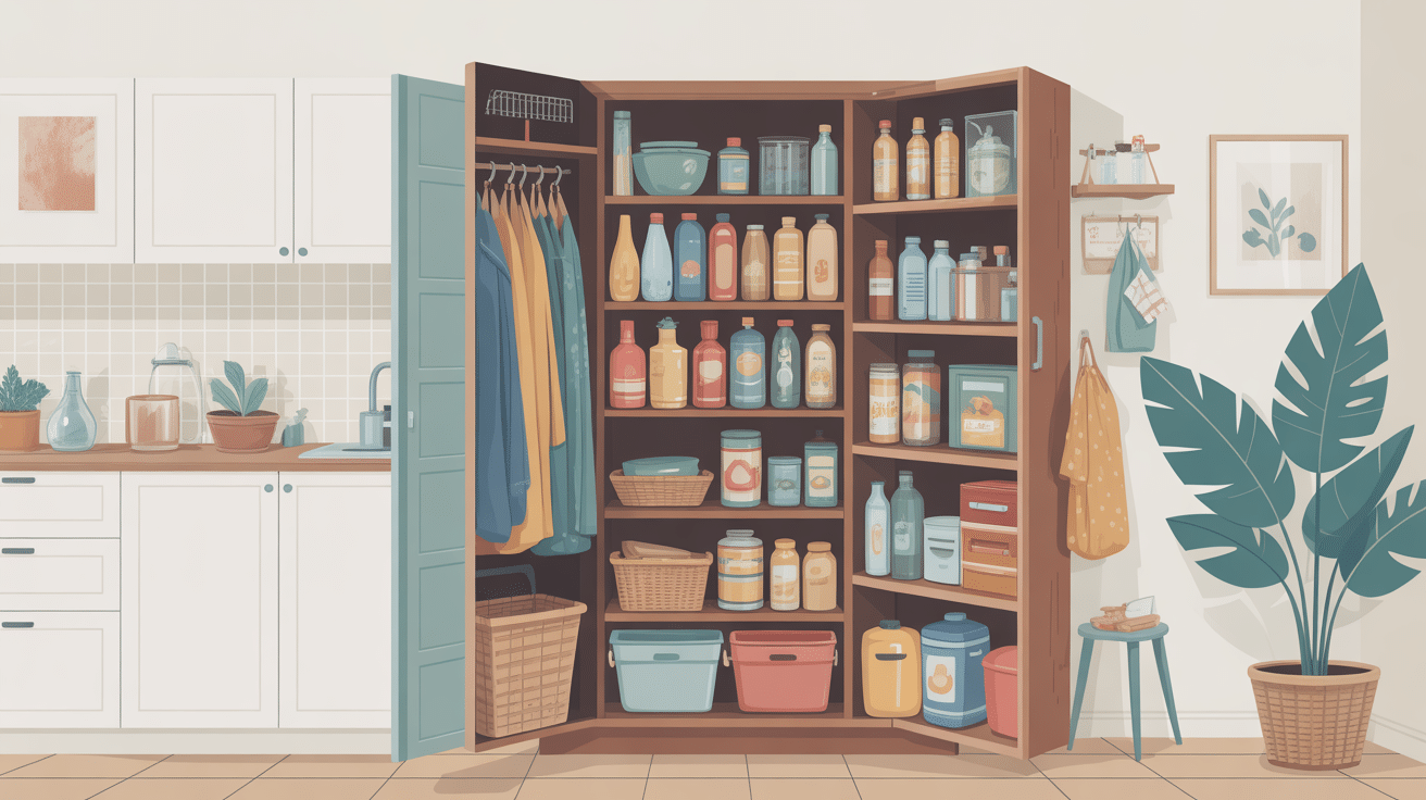 armoire à balai gifi ouverte bien rangée illustration
