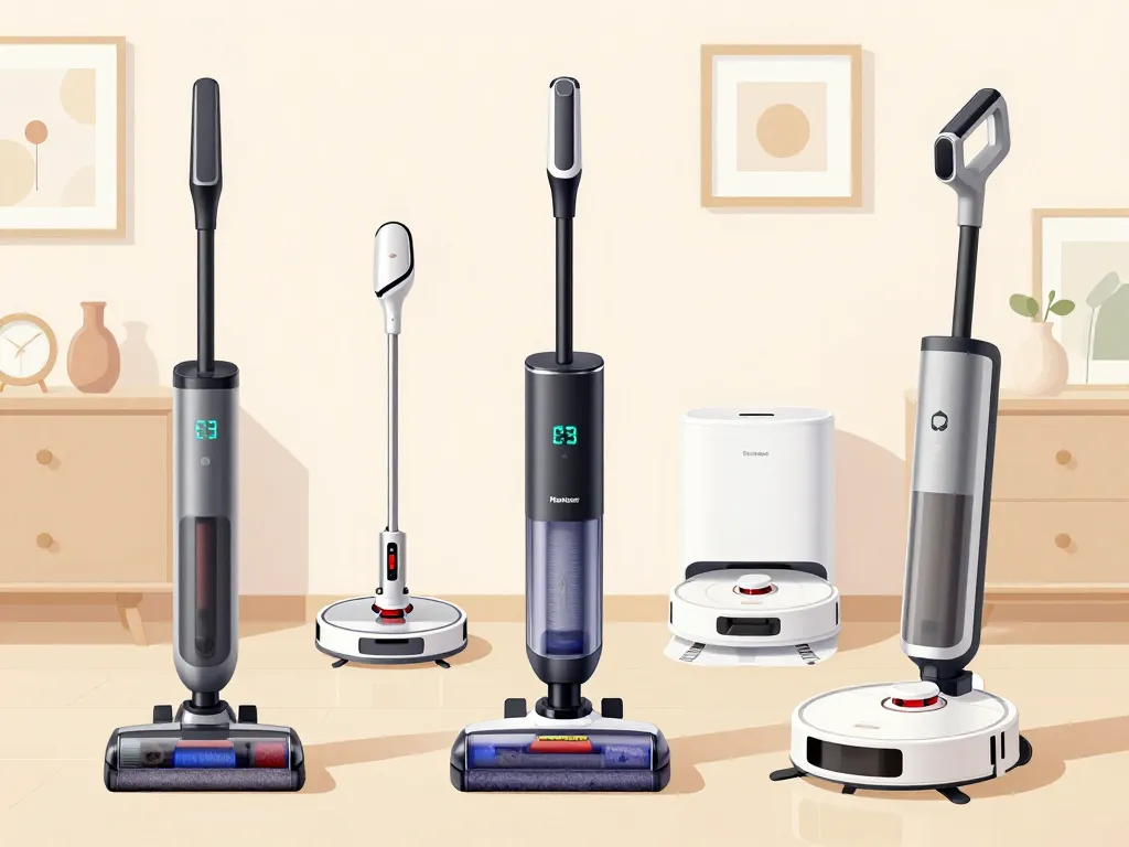 Aspirateur Honiture stick, robot et main dans un intérieur stylisé