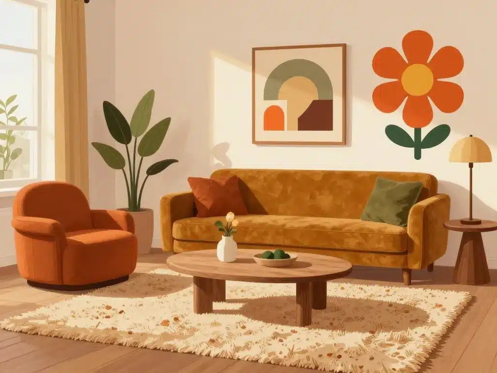 codes déco salon année 70 couleurs formes matières