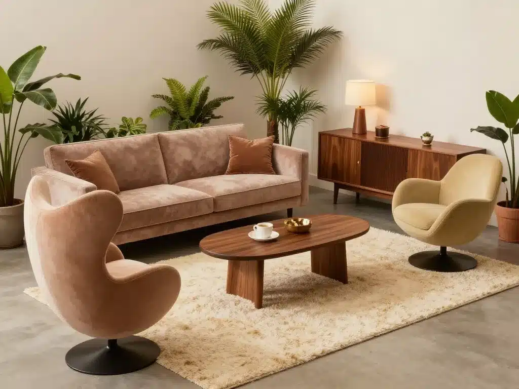 meubles vintage salon année 70 agencement convivial cosy