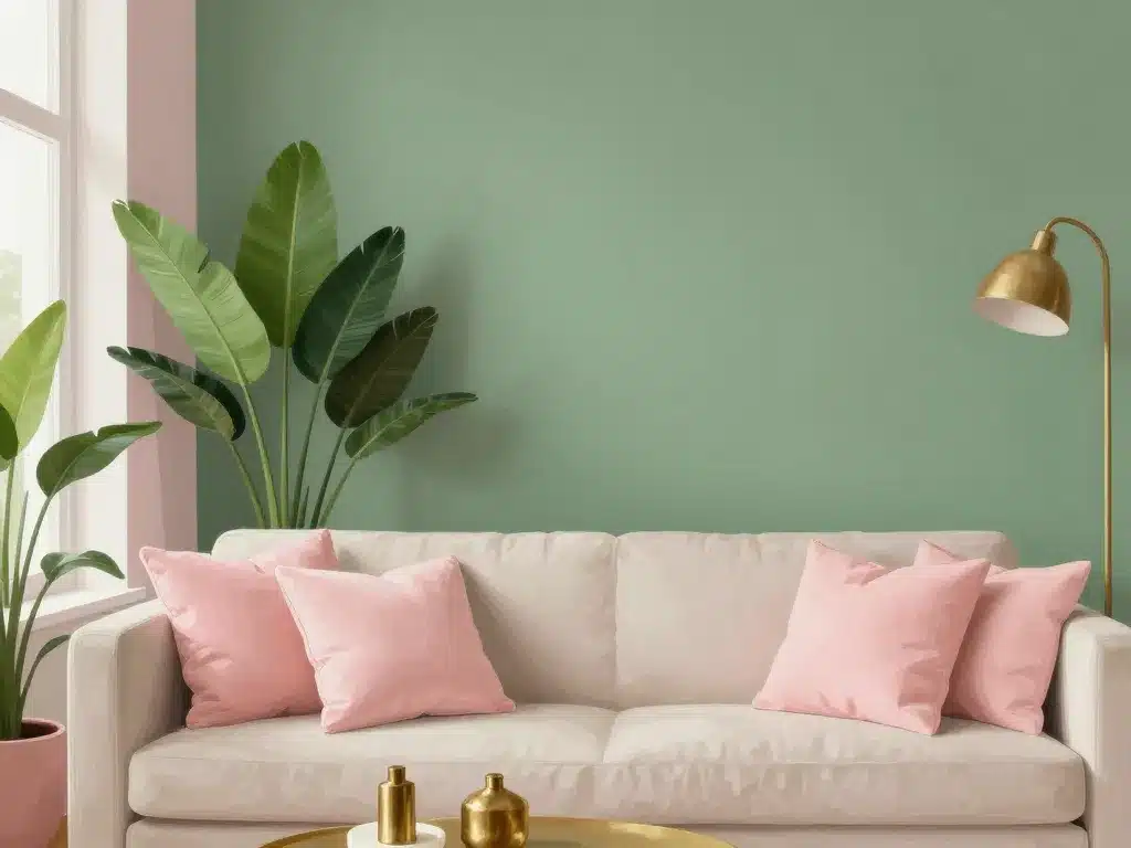 Déco salon moderne touches rose et vert