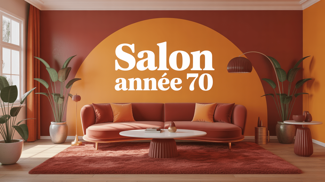 salon année 70 rétro chaleureux avec canapé velours et déco vintage