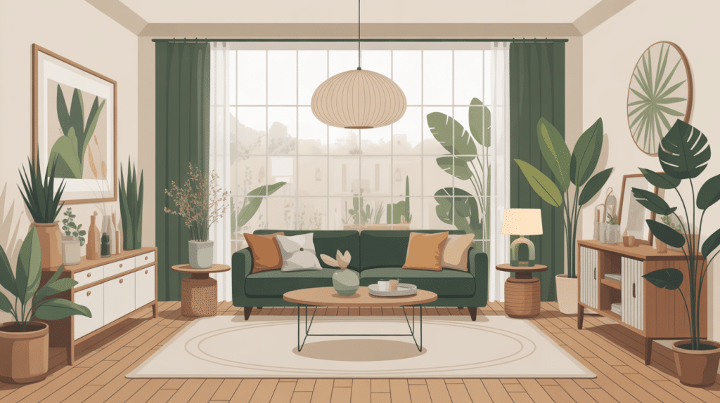 salon kaki moderne chaleureux avec bois clair et plantes