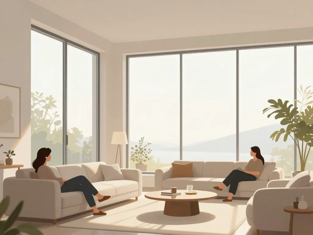 Intérieur lumineux avec fenêtres Schüco illustrant isolation et confort