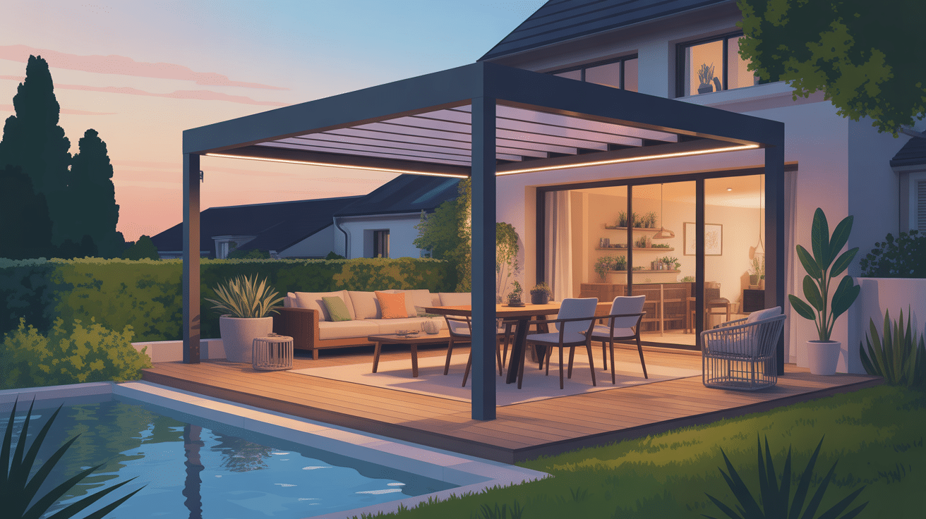 toiture pergola bioclimatique sur terrasse contemporaine