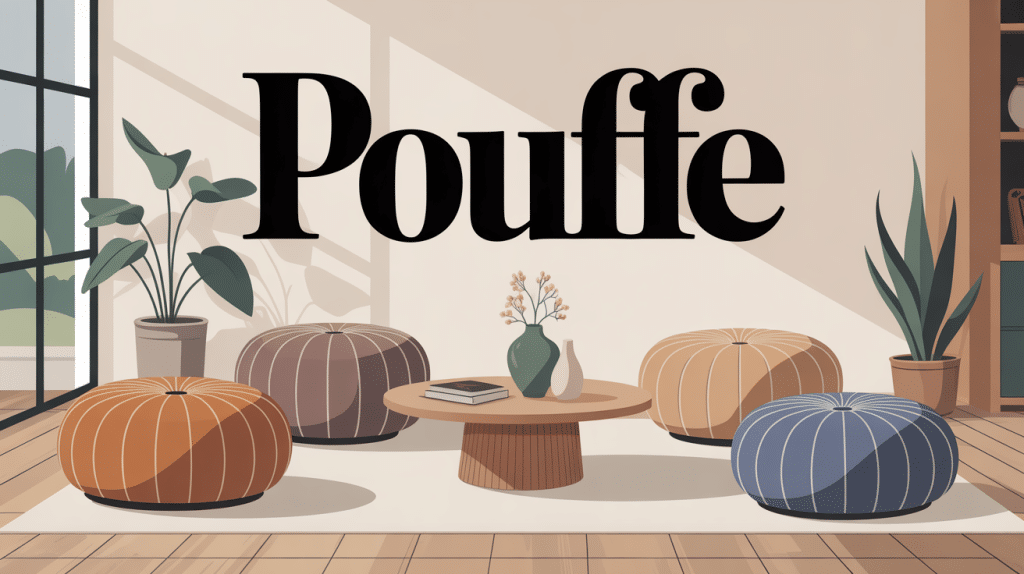 un pouffe coloré autour d'une table basse dans un salon lumineux