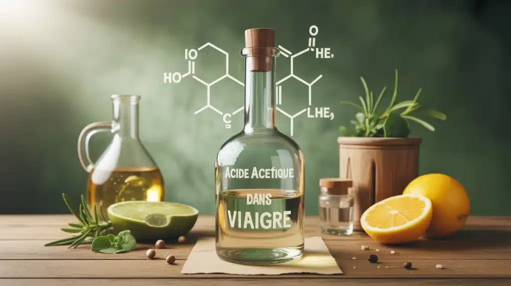 Molécule d'acide acétique dans le vinaigre avec symboles de fermentation et usages domestiques