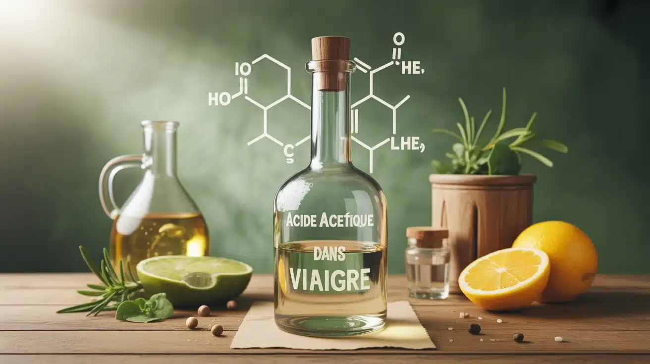 Molécule d'acide acétique dans le vinaigre avec symboles de fermentation et usages domestiques