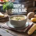 bol fumant de soupe au chou blanc sur table rustique