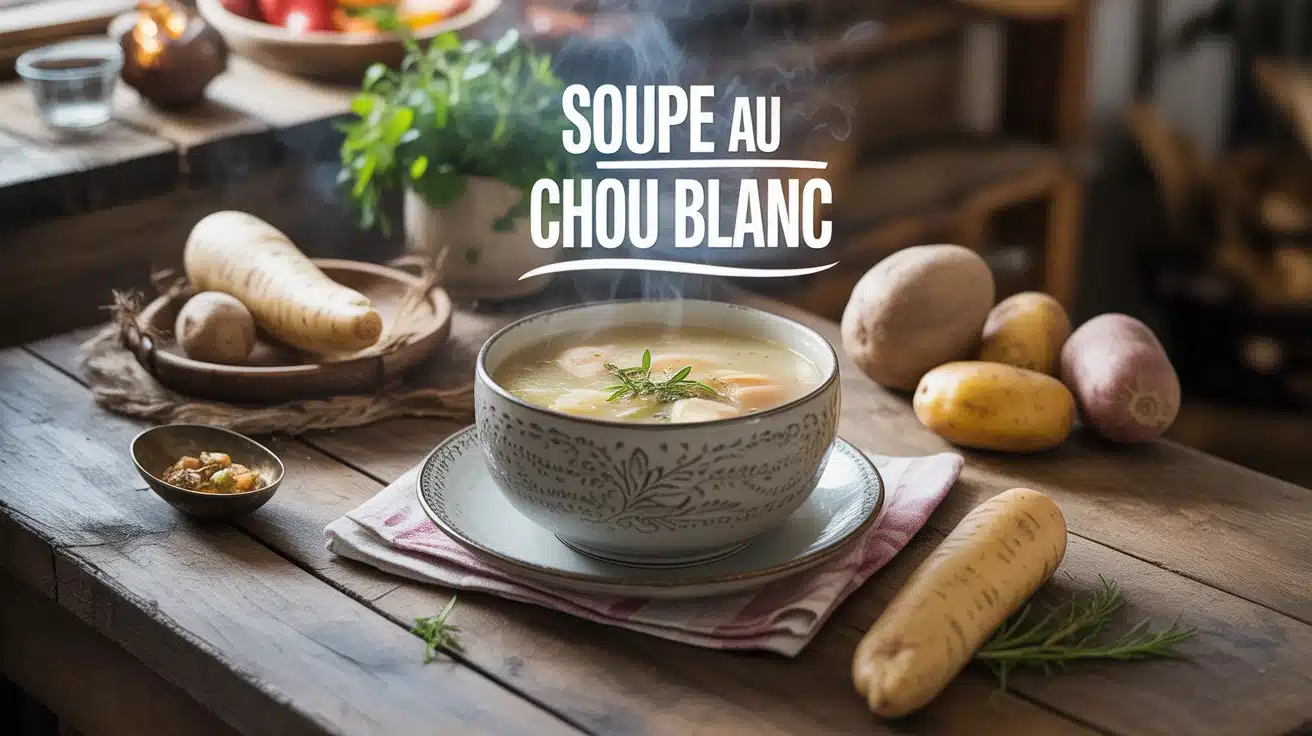 bol fumant de soupe au chou blanc sur table rustique