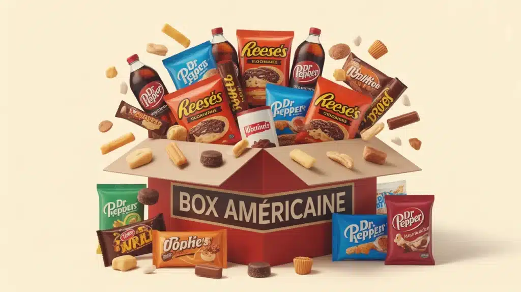 Illustration box américaine avec snacks typiques USA