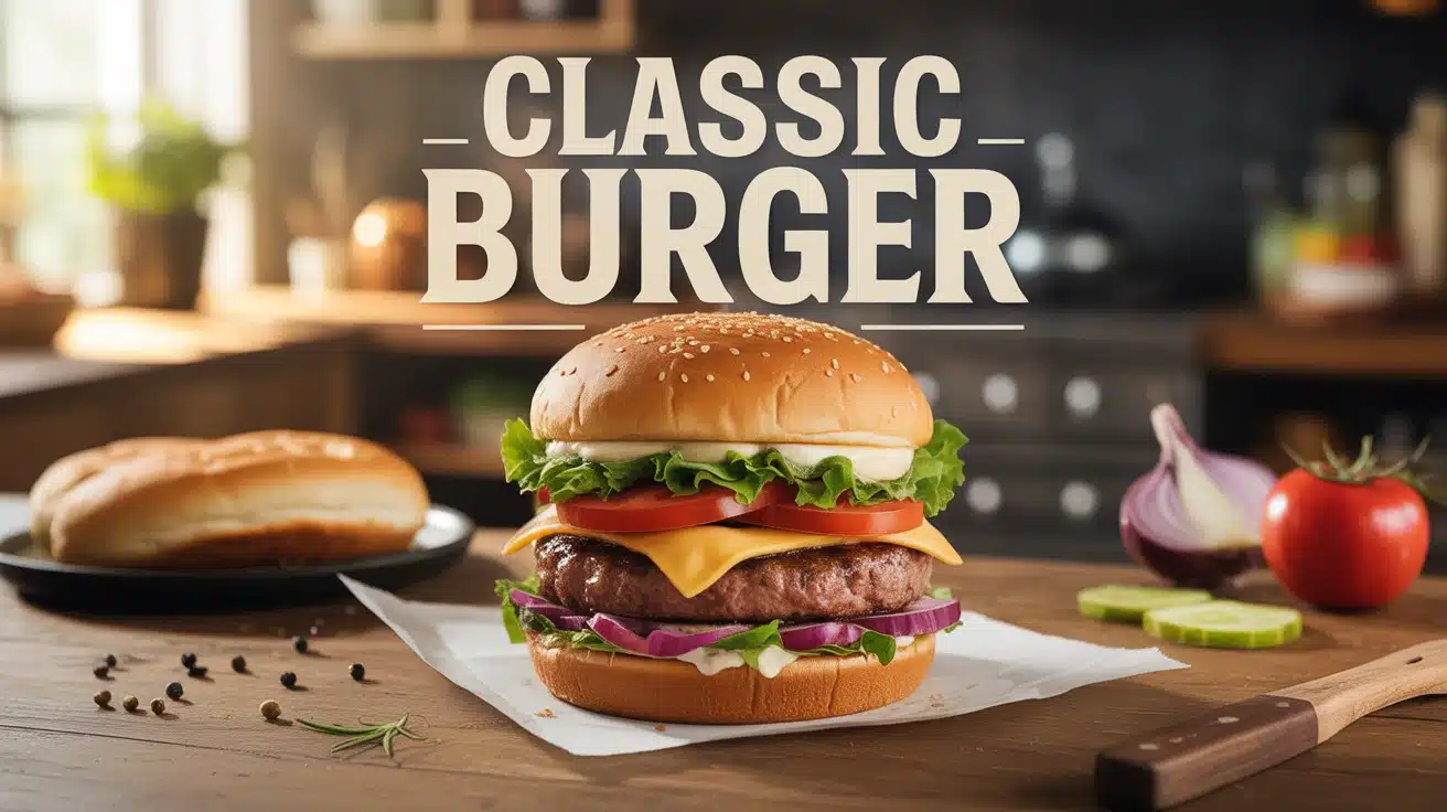 Illustration vectorielle classic burger avec pain brioché et garnitures