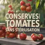 Potager d'été avec tomates rouges et bocaux de conserves de tomates sans stérilisation