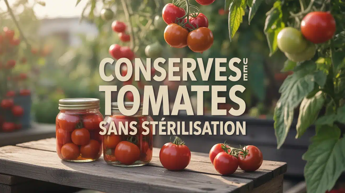 Potager d'été avec tomates rouges et bocaux de conserves de tomates sans stérilisation