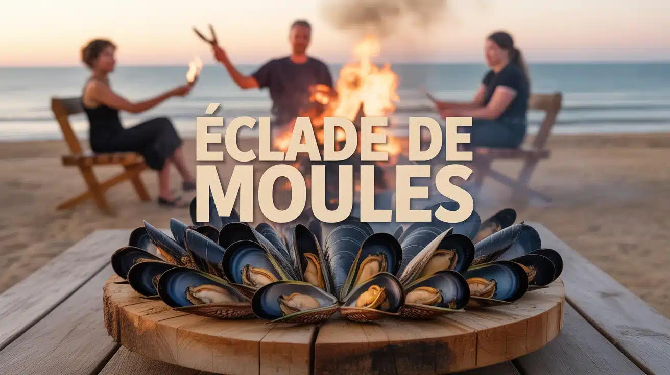 Éclade de moules sur planche en bois avec feu de pin