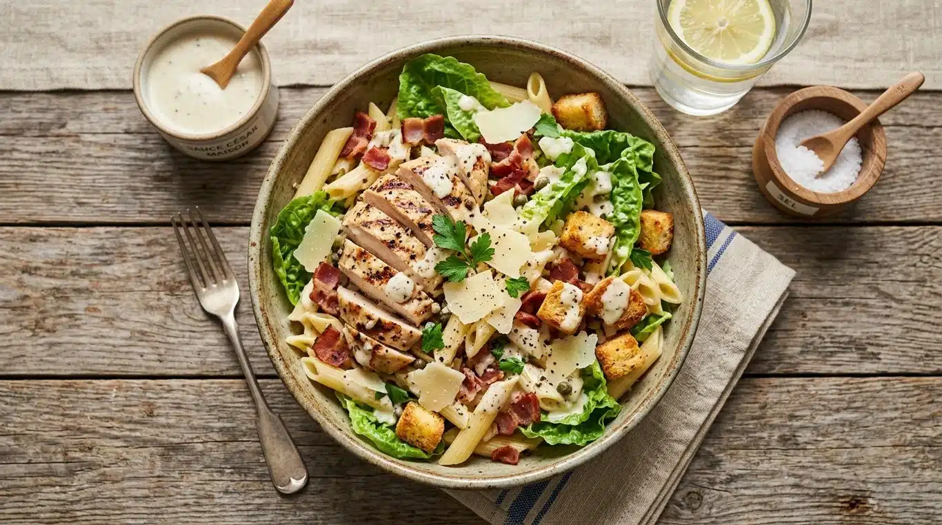 Salade de pâtes au poulet César appétissante dans un bol rustique
